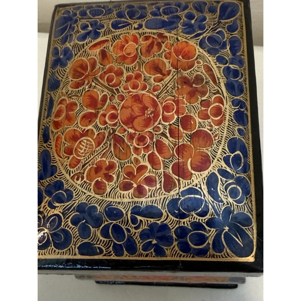 Vintage Papier Mache Enamel Box w Lid Ornate Letter Storage Keepsakes Small Blk